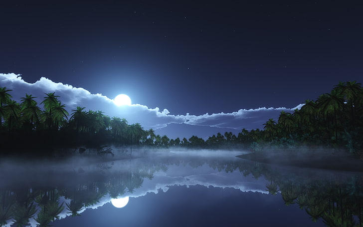 спокойна вода под бели облаци и пълнолуние, природа, пейзаж, звездна нощ, лунна светлина, облаци, тропически, мъгла, палми, езеро, отражение, HD тапет
