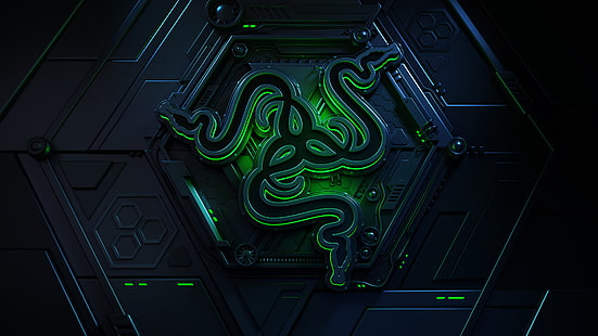 4K, тъмен фон, зелен, Razer, лого, 3D, HD тапет HD wallpaper