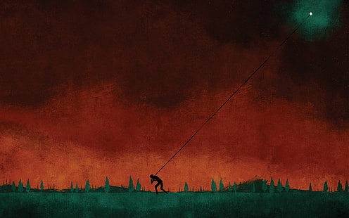 person pulling moon digital wallpaper, abstract, August Burns Red, Moon, digital art, people, painting, artwork, silhouette, nature, field, album covers, cover art, trees, ropes, hills, red, HD wallpaper HD wallpaper