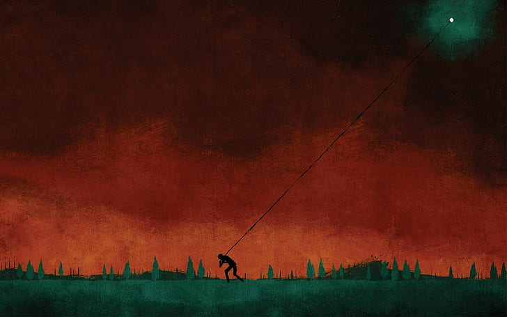 field, people, nature, August Burns Red, hills, ropes, abstract, silhouette, digital art, artwork, album covers, red, trees, Moon, painting, cover art, HD wallpaper