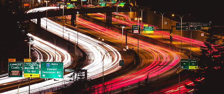 time-lapsed digital wallpaper, long exposure, traffic, Freeway, night, city, HD wallpaper