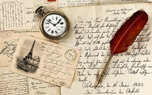 Vintage, Old paper, Pen, Watch, Writing, Stamp, Postcard, HD wallpaper HD wallpaper