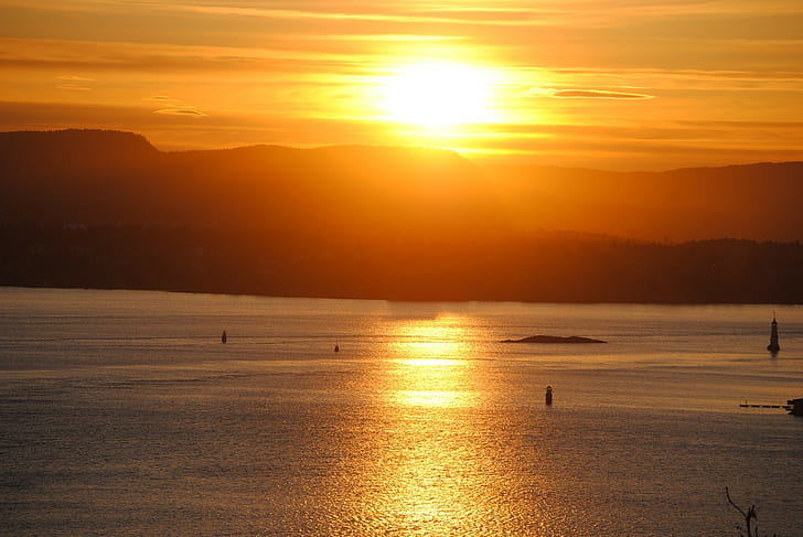 tramonto paesaggio oslo norvegia mare, Sfondo HD