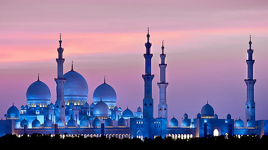 szary meczet z włączonymi światłami, Meczet Szejka Zayeda, Abu Zabi, niebo, zachód słońca, 4k, Tapety HD HD wallpaper