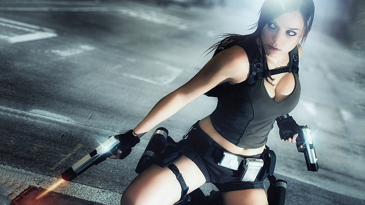 femme avec des armes à feu fond d'écran numérique, Lara Croft, Tomb Raider, cosplay, Fond d'écran HD