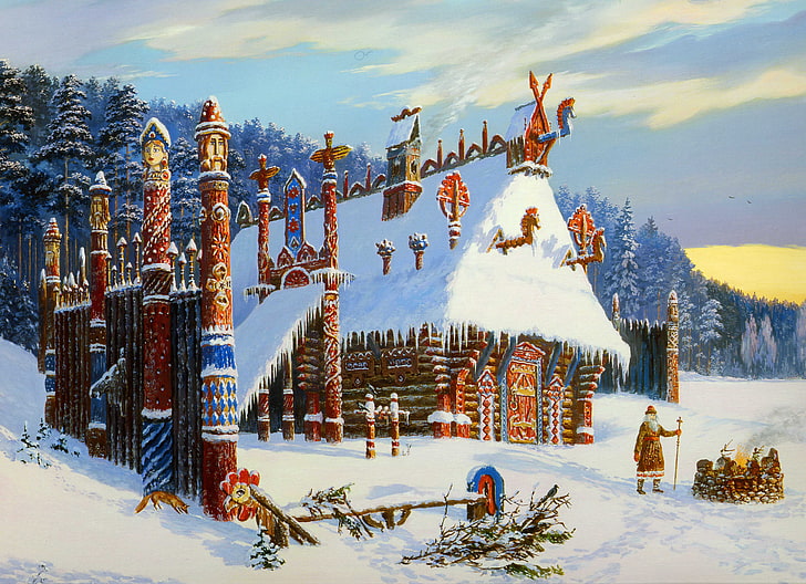 brown wooden house illustration, winter, fire, smoke, temple, painting, Vsevolod Ivanov, Russian folklore, Slavic painting, the sorcerer, The temple of God Snich. Winter, HD wallpaper