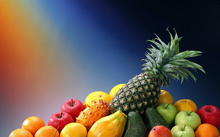 manojo de frutas, fruta, gradiente, manzanas, naranja (fruta), piñas, Fondo de pantalla HD