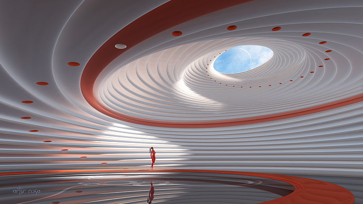 оранжево-белая спираль, здание интерьер, обои, небо, девушка, круги, отражение, будущее, фантастика, планета, арт, комната, HD обои