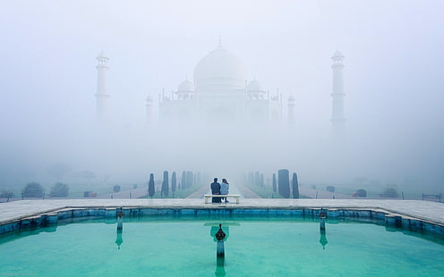 белая конкретная мечеть, пейзаж, природа, туман, Тадж-Махал, сад, Индия, храм, пруд, пара, скамейка, вода, спокойствие, отражение, архитектура, HD обои HD wallpaper