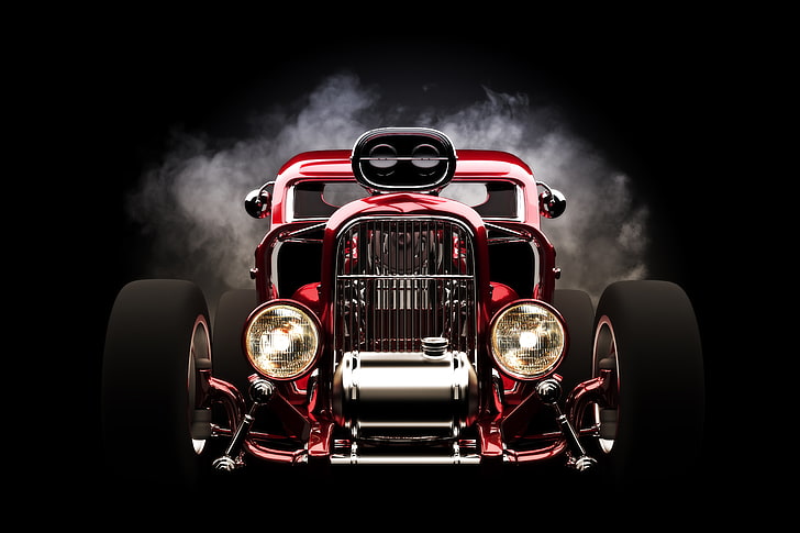 red and black hotrod wallpaper, red, wheels, hot rod, front view, headlights, HD wallpaper