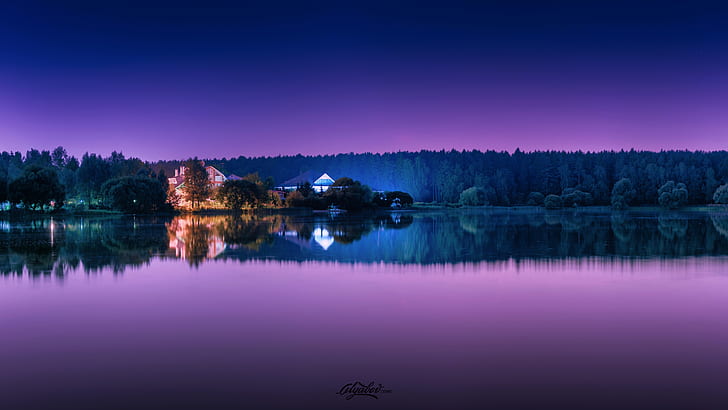 Lake, Forest, 5K, Resort, Purple reflections, HD wallpaper