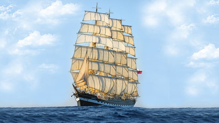帆船、海、青空、白と茶色の帆船、帆、船、海、青、空、 HDデスクトップの壁紙