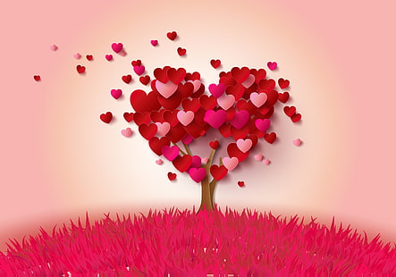 pink heart tree illustration, tree, heart, hearts, love, pink, romantic, HD wallpaper HD wallpaper