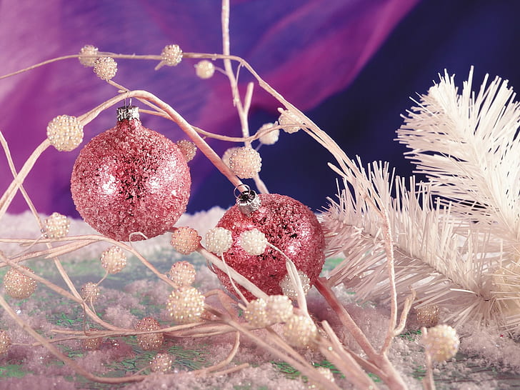Christmas, New year, Ornaments, Cosiness, Spheres, Branch, Red, HD wallpaper