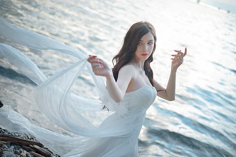 mujer, cosplay, Sayathefox, modelo, agua, vestido blanco, hombros descubiertos, Fondo de pantalla HD HD wallpaper