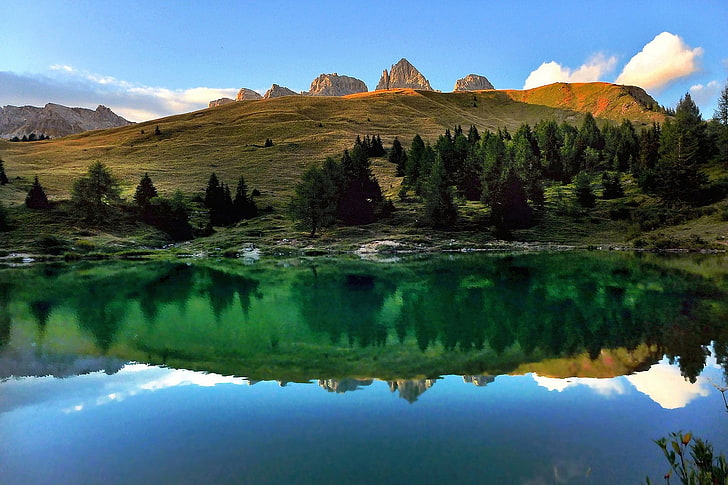 landscape, nature, photography, lake, mountains, trees, sunset, calm, reflection, summer, Alps, Italy, HD wallpaper