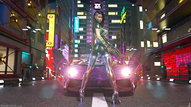 3dx, cyberpunk, Lamborghini, Lamborghini Aventador LP700-4 Roadster, butt crack, rifles, night, city, science fiction, urban, HD wallpaper