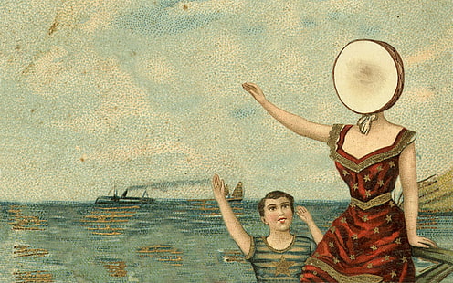 pintura de mulher e criança, Neutral Milk Hotel, no avião sobre o mar, música, capas de álbuns, HD papel de parede HD wallpaper