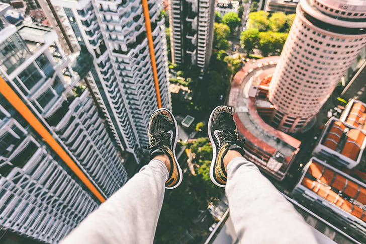 shoes, cityscape, aerial view, Nike, rooftops, rooftopping, HD wallpaper