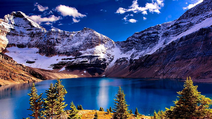 планина, езеро, сняг, Канада, национален парк Йохо, национален парк, небе, пейзаж, край езерото, планинска верига, планинско езеро, канадски скалисти планини, Британска Колумбия, скалисти планини, канадски скалисти планини, синьо небе, HD тапет