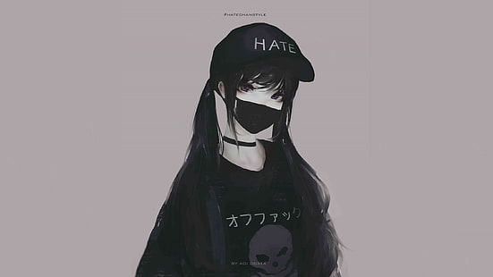 жена в черна риза илюстрация, женски аниме герой с илюстрация на маска за уста, Aoi Ogata, дълга коса, черна коса, пигтейли, жени, маска, азиатски, бейзболни шапки, брюнетка, аниме, аниме момичета, лилави очи, дигитално изкуство, чокър, омраза -chan, DubstepGutter, HD тапет HD wallpaper