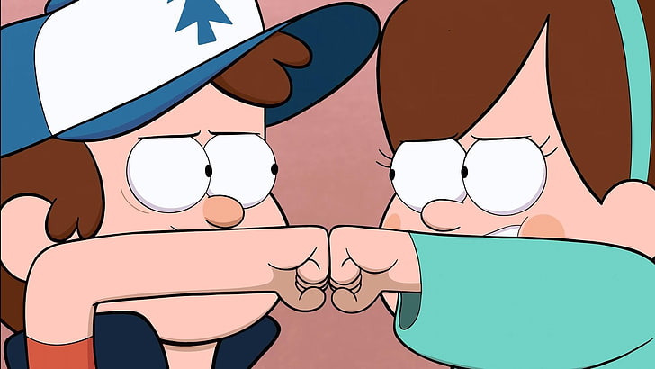 두 소년과 소녀 만화 캐릭터, 중력 폭포, 국자, Mabel Pines, HD 배경 화면