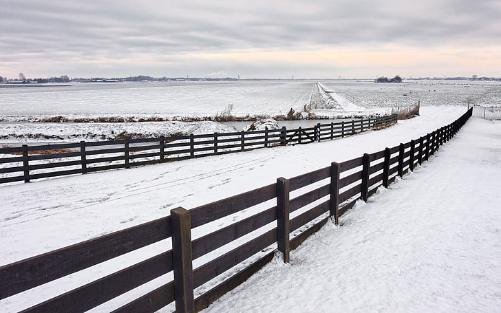 white and black wooden bed frame, nature, snow, fence, landscape, winter, HD wallpaper