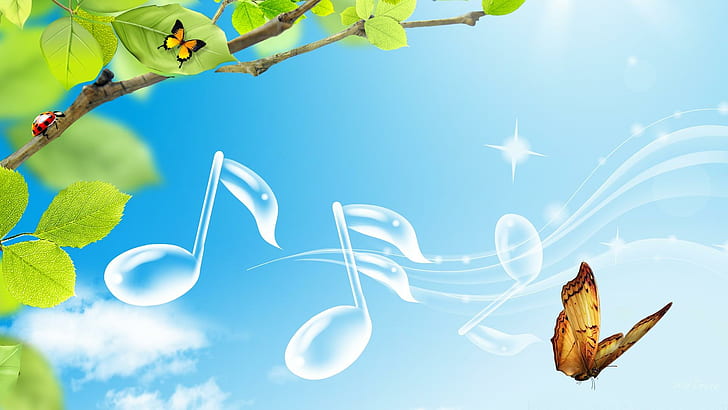 Muzyka wiosny, ilustracja nutka z przezroczystego szkła, błękitne niebo, liście, wiosna, biedronka, lato, motyle, chmury, nuty, 3d i abstrakcja, Tapety HD