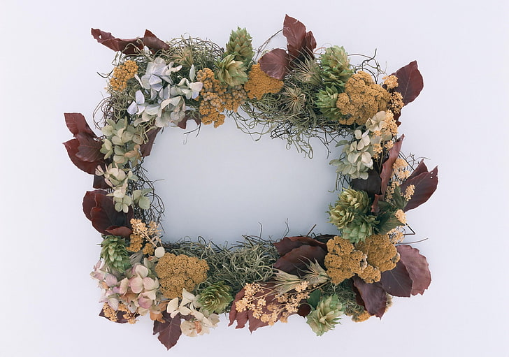 green and brown wreath, hydrangea, flowers, wreath, leaves, dried, HD wallpaper