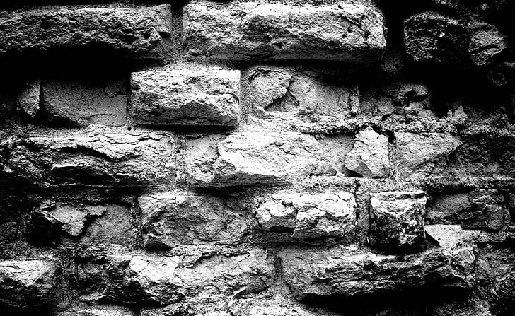 Vo muro di mattoni bianco e nero, muro di cemento grigio, bianco e nero, bianco, nero, muro, mattone, Sfondo HD