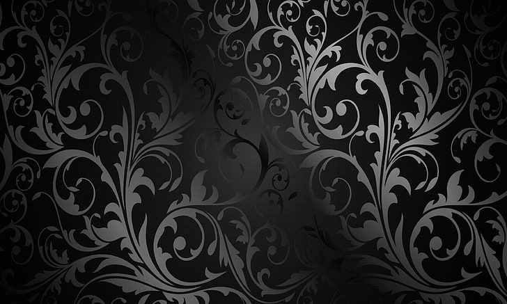 illustration florale noire et grise, rétro, modèle, sombre, noir, ornement, vintage, texture, fond, dégradé, Fond d'écran HD