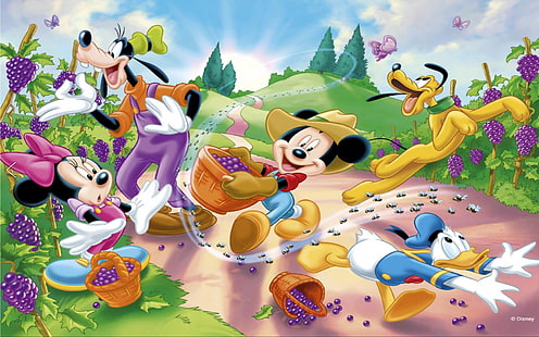 Grape Harvesting Cartoon Mickey And Minnie Mouse Donald Duck Goofy And Pluto Wallpaper Hd 3840 × 2400, HD tapet HD wallpaper