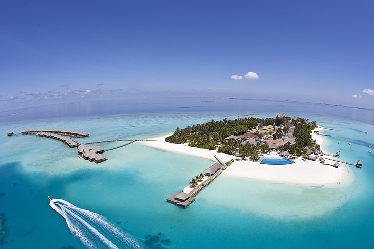 brun trä docka areal fotografering, Maldiverna, Seychellerna, ö, utväg, vila, höjd, mark, blått vatten, koppla av, paradis, HD tapet
