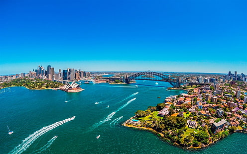 Cities, Sydney, Aerial, Bridge, Building, City, Horizon, Ocean, Sydney Harbour, Sydney Harbour Bridge, Sydney Opera House, HD wallpaper HD wallpaper