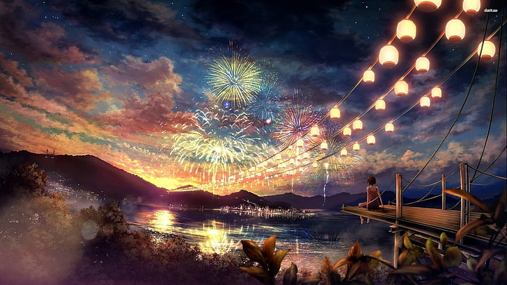 Frau sitzt am Dock und beobachtet ein Feuerwerk, Fantasy-Kunst, HD-Hintergrundbild