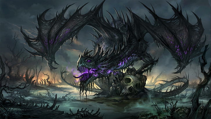Undead Dragon, acid-water, undead-dragon, skulls, spikes, wings, evil, dead-trees, tail, HD wallpaper