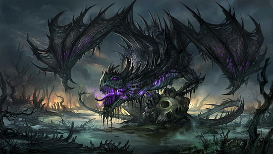 Undead Dragon, acid-water, undead-dragon, skulls, spikes, wings, evil, dead-trees, tail, HD wallpaper HD wallpaper