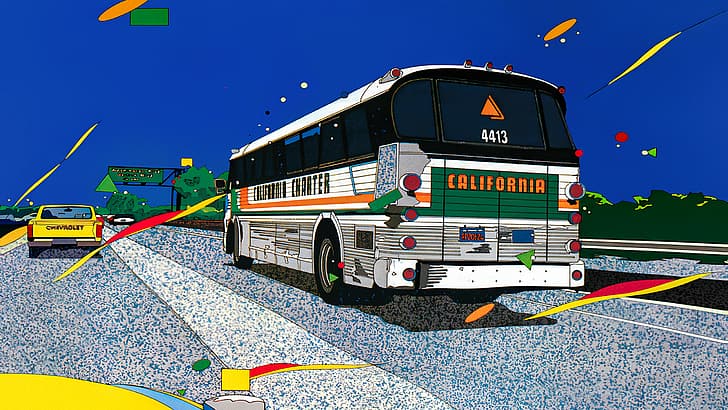 1980-an, Seni Jepang, desain grafis, Eizin Suzuki, mobil Amerika, seni garis, bersemangat, penuh warna, musim panas, Wallpaper HD