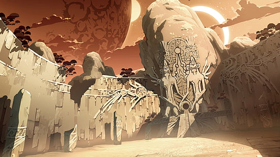 Oban Star Racers, Tempel des Herzens, Tempel, Stein, Wolken, Statue, Skulptur, HD-Hintergrundbild HD wallpaper