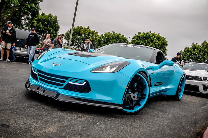 teal and black Chevrolet Corvette C7 coupe, c7, forgiato, stingray, sports, style, front view, HD wallpaper