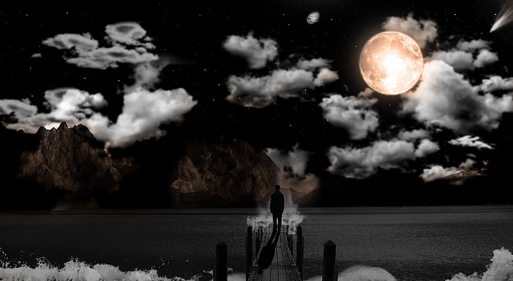 Moonlit Night, szare chmury, Aero, Creative, Moon, Night, moonlight, Tapety HD