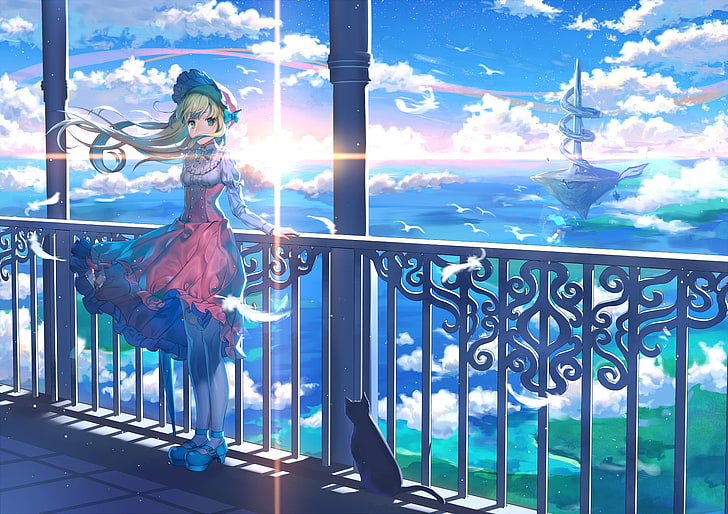 светловолосый женский аниме персонаж цифровые обои, аниме, оригинал, блондинка, кошка, облако, платье, плавающий остров, девушка, зеленые глаза, горизонт, длинные волосы, океан, оригинал (аниме), небо, HD обои