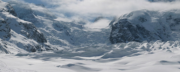 заснежено поле, сняг, планини, ледник Morteratsch, Швейцария, природа, пейзаж, HD тапет