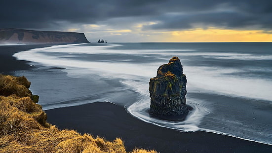 mar, agua, céu, costa, horizonte, oceano, rocha, nuvem, paisagem, penhasco, pilha, calma, islândia, HD papel de parede HD wallpaper
