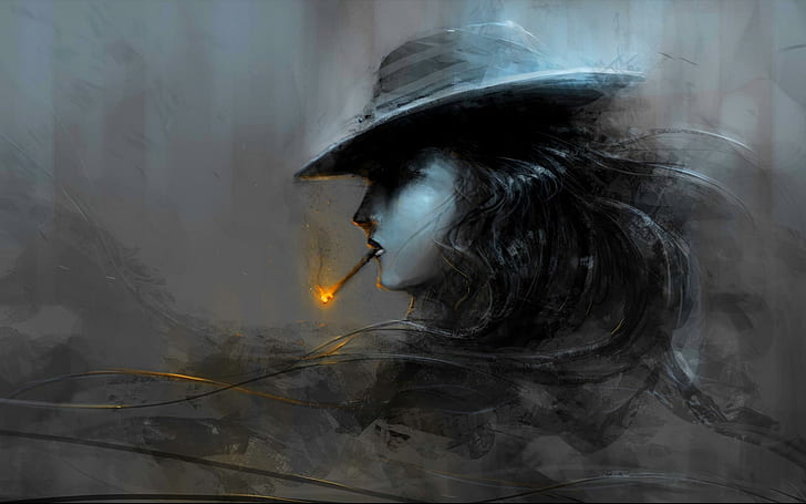 Smoking Girl, woman in hat portrait painting, fire, girl, cigarette, black and white, profile, 3d and abstract, HD wallpaper