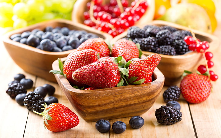 food, lunch, closeup, fruit, wooden surface, strawberries, blackberries, blueberries, bowls, HD wallpaper