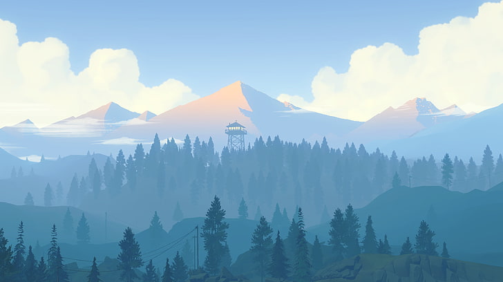 Ilustración de montañas rodeadas de árboles bajo nubes blancas, montañas, bosques, obras de arte, Firewatch, cian, Fondo de pantalla HD