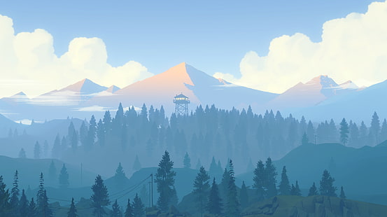 Ilustración de montañas rodeadas de árboles bajo nubes blancas, montañas, bosques, obras de arte, Firewatch, cian, Fondo de pantalla HD HD wallpaper