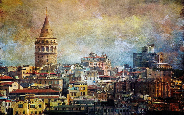 ガラタ塔、イスタンブール、トルコ、ガラタ、ガラタ・クレシの絵、 HDデスクトップの壁紙