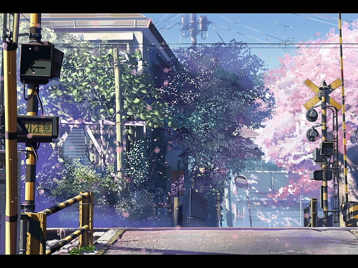 5 centímetros por segundo, flor de cerezo, Makoto Shinkai, cruce ferroviario, Fondo de pantalla HD